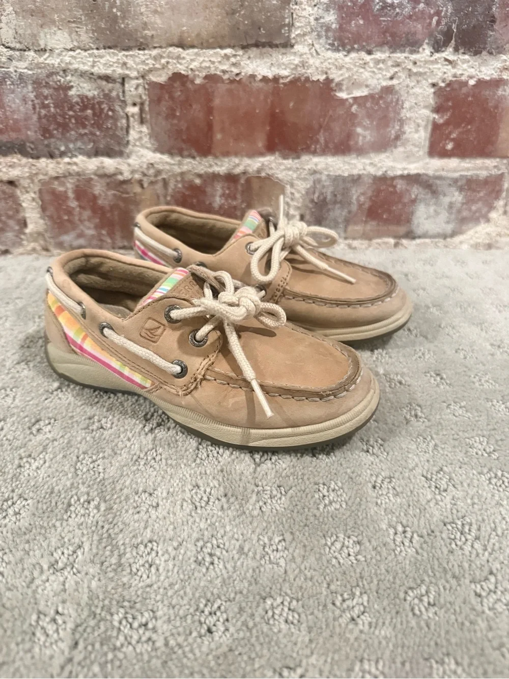 Sperry Kids Tan Leather Moccasins with Pink & Yellow Stripe Accent